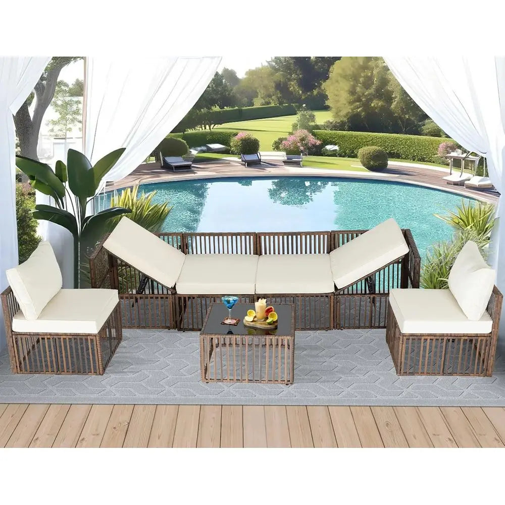 7-Piece Wicker Outdoor Patio Sectional Sofa Set with Cushions for Garden, Porch, Poolside - Brown/Beige