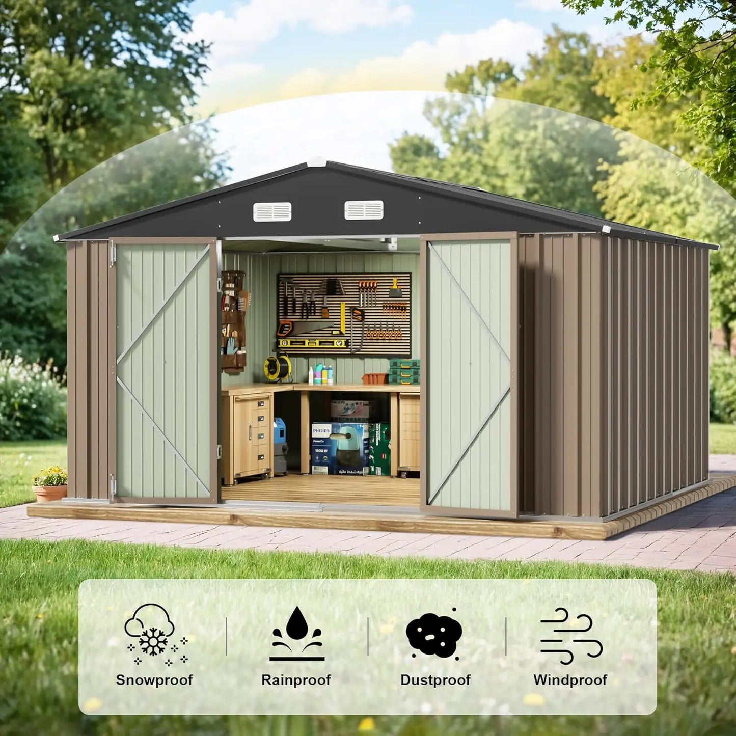 10 x 10 FT Outdoor Storage Shed, Large Metal Garden Shed & Tool Sheds for Backyard Garden Patio Lawn (Brown)
