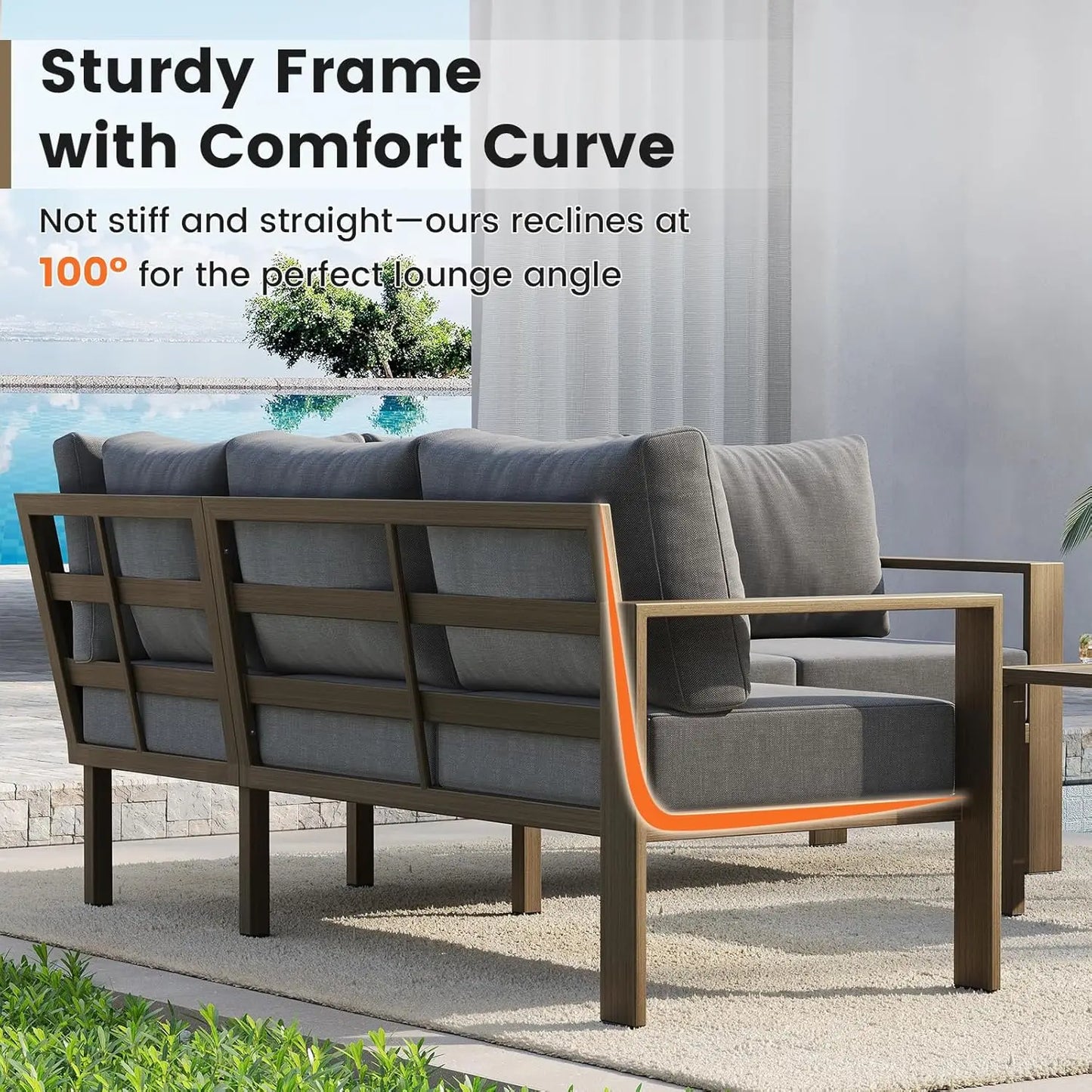 6 Piece Patio Furniture Set, Faux Wood Metal Outdoor Sectional Sofa with 6" Thick Olefin Cushions, Backyard Dark Grey