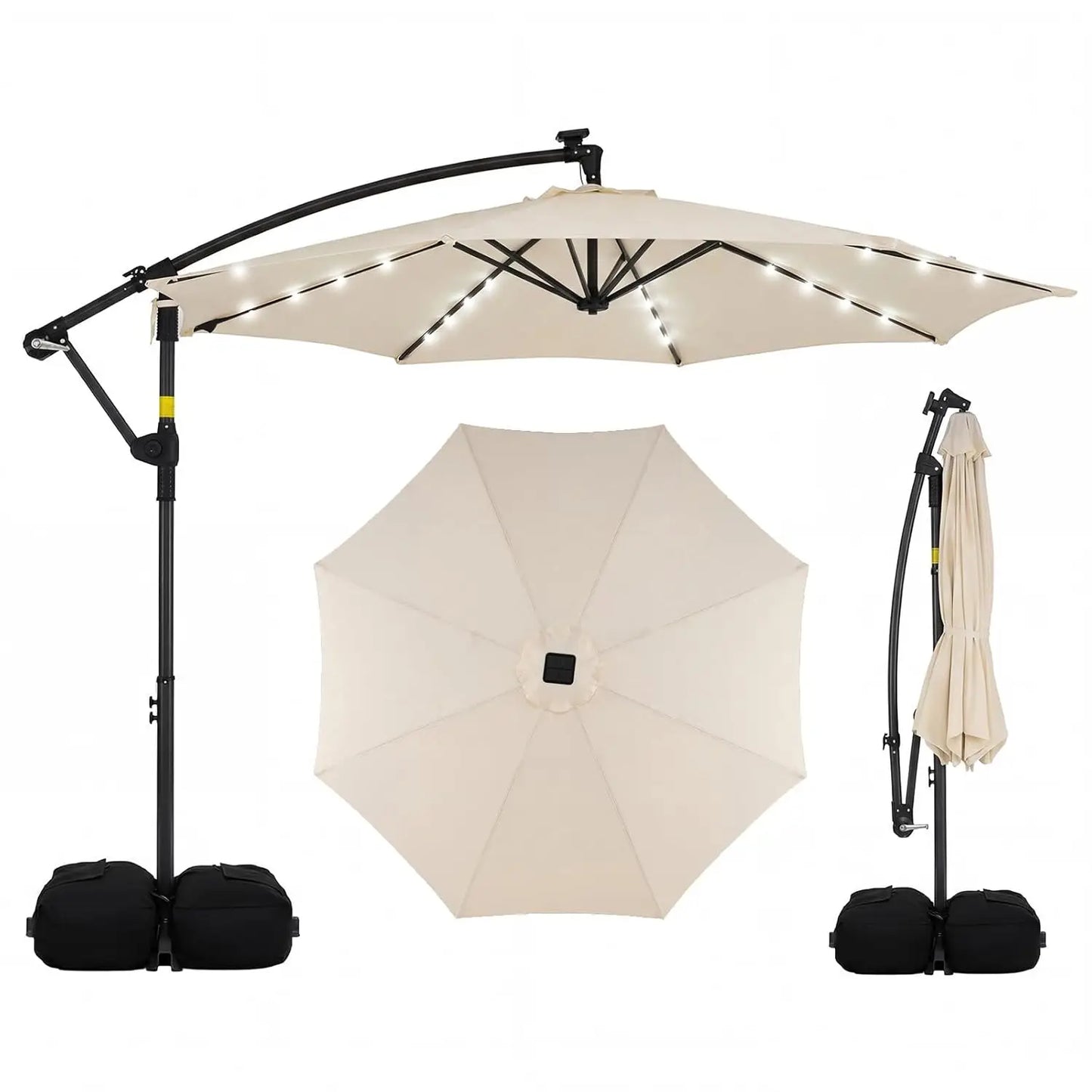 10ft Solar Patio Umbrella with Base Included, Offset Cantilever Outdoor Umbrella with 32 LED Lights, Infinite Tilt,, Customized