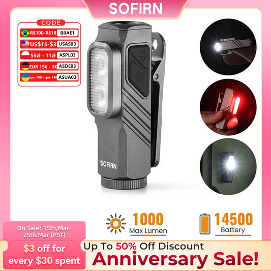 Sofirn ST10 EDC Flashlight 1000LM USB-C Rechargeable 14500 Battery  Waterproof Red Light Magnetic Tail Clip for Camping Hiking