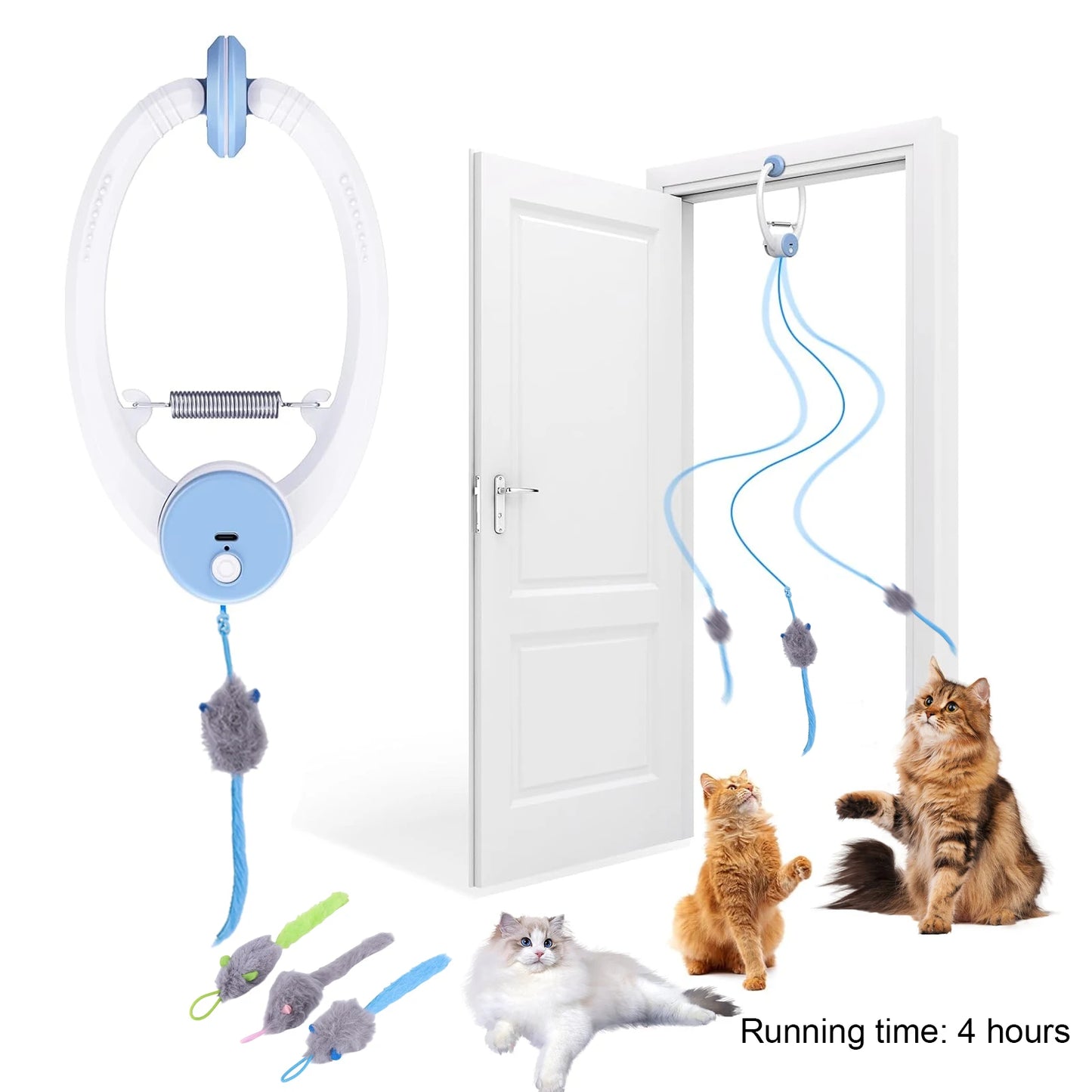 Independent Play Hanging Door Cat Toys with 3 Catnip Mice Interactive Cat Teaser Retractable Toys for Indoor Cats