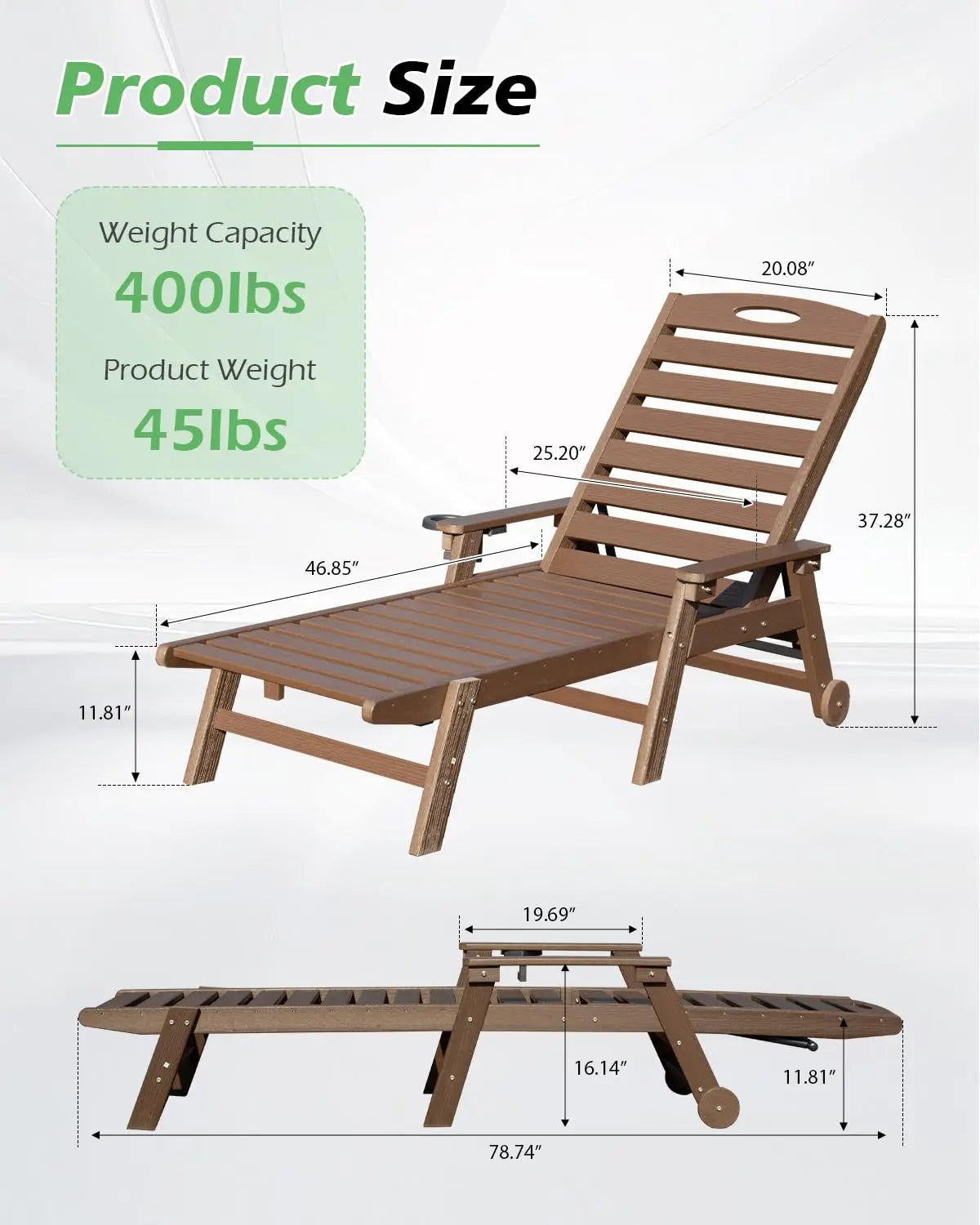 HDPE Outdoor Lounge Chairs Set of 2 Adjustable Pool Chaise Patio Sunbathing Tanning Brown Custom