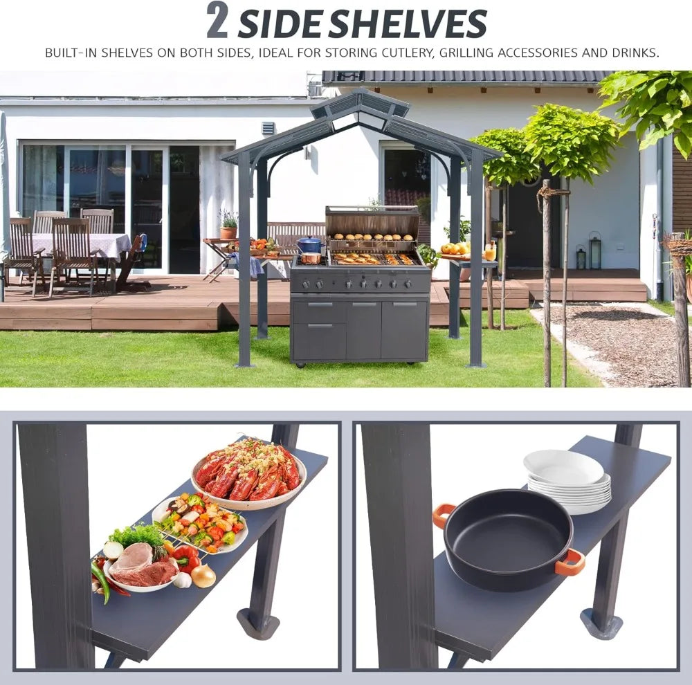 8x5FT Hardtop Grill Gazebo, Outdoor BBQ Shelter with Steel Roof, Side Shelves & Ceiling Hook for Patio Garden