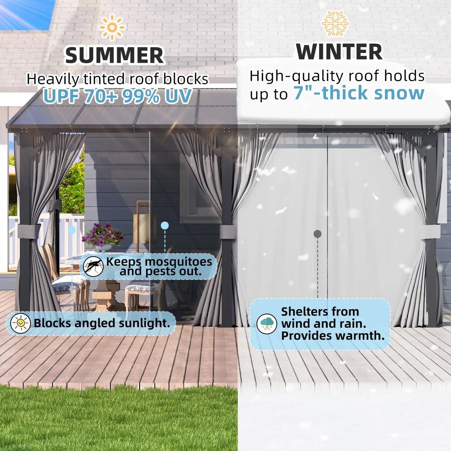 14' X 10' Gazebo, Hard Top Lean To Gazebo Pergola with Curtains and Mosquito Netting, Large Wall-Mounted Heavy Duty Awnings