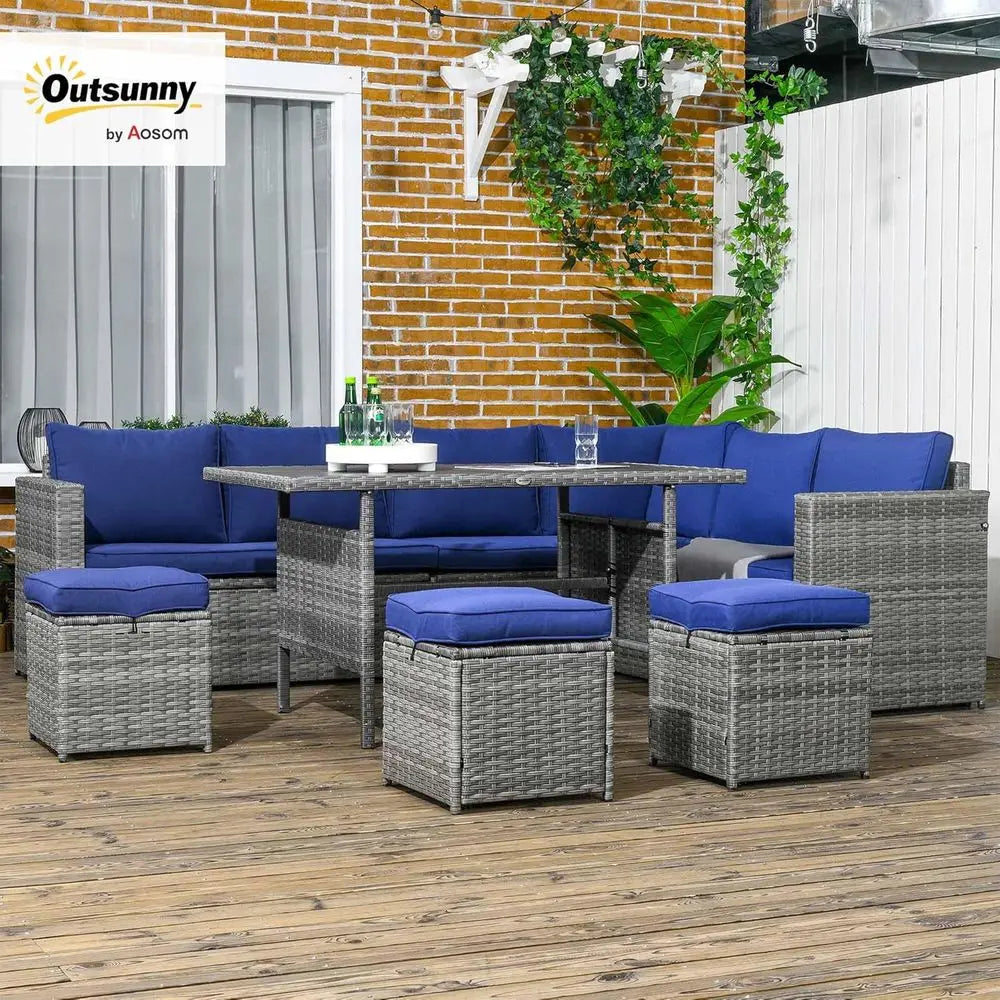 Wicker Outdoor Patio urniture Set, L-Shaped 7 Piece Outdoor Dining Sectional Soa with Dining Table and Chair, Storage Loveseat,