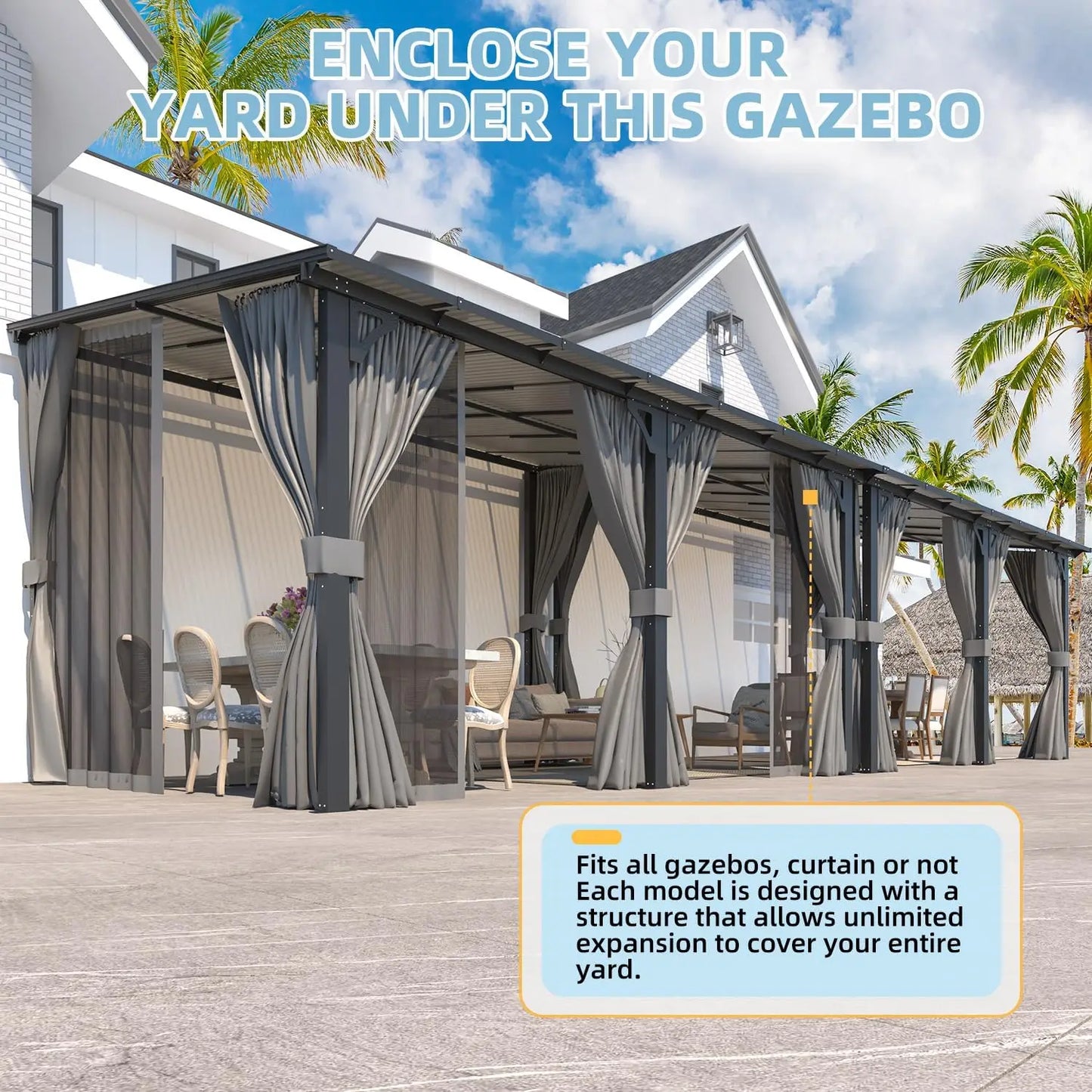 14' X 10' Gazebo, Hard Top Lean To Gazebo Pergola with Curtains and Mosquito Netting, Large Wall-Mounted Heavy Duty Awnings