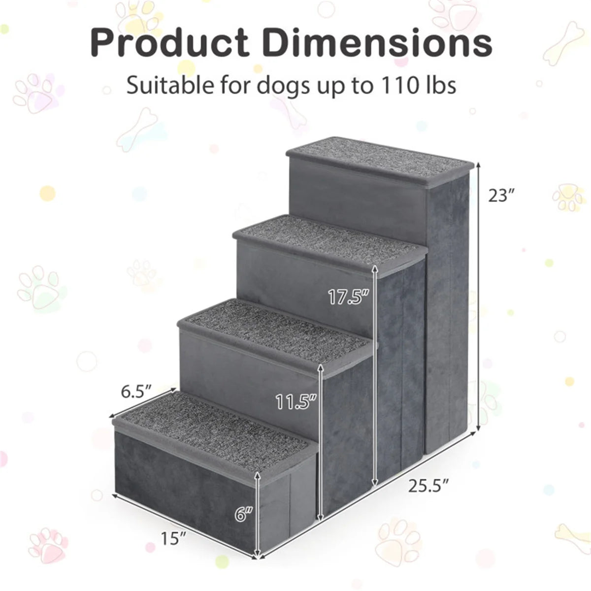 4-Step Dog Stairs with Storage - MDF Build (200 kg Capacity), Dutch Velvet Comfort, 15"x6.5" Steps + 6" Step Height