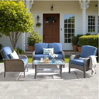 HOT-4 Pieces Patio Furniture Set, Outdoor Wicker Sofa with Coffee Table, Chairs, All Weather High Back  Couch Cushions, Dark Gre