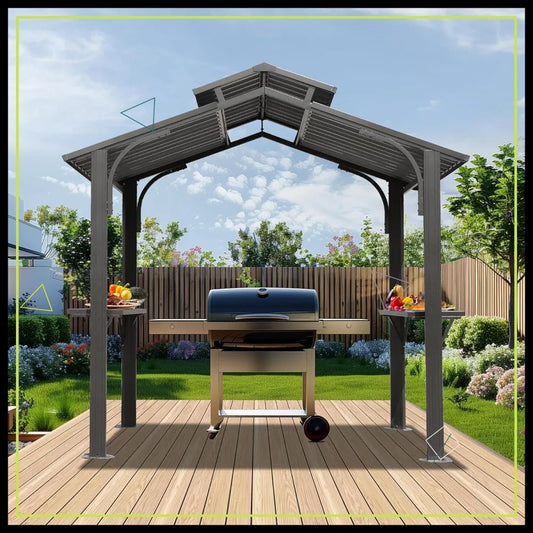 8x5FT Hardtop Grill Gazebo with Double Steel Roof, Side Shelves & Ceiling Hooks for Outdoor BBQ Patio Garden Backyard