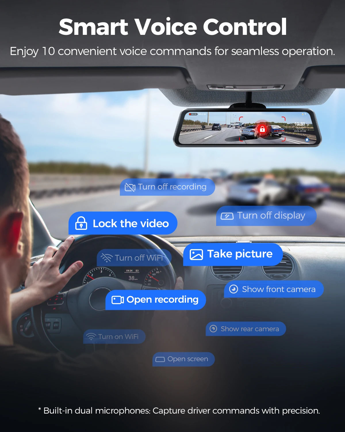 AZDOME PG17 Max 4K+2.5K Rearview Dash Cam 12'' Touch Screen Mirror Dash Cam with ADAS BSD LCA Car DVR Loop Recording 24H Parking
