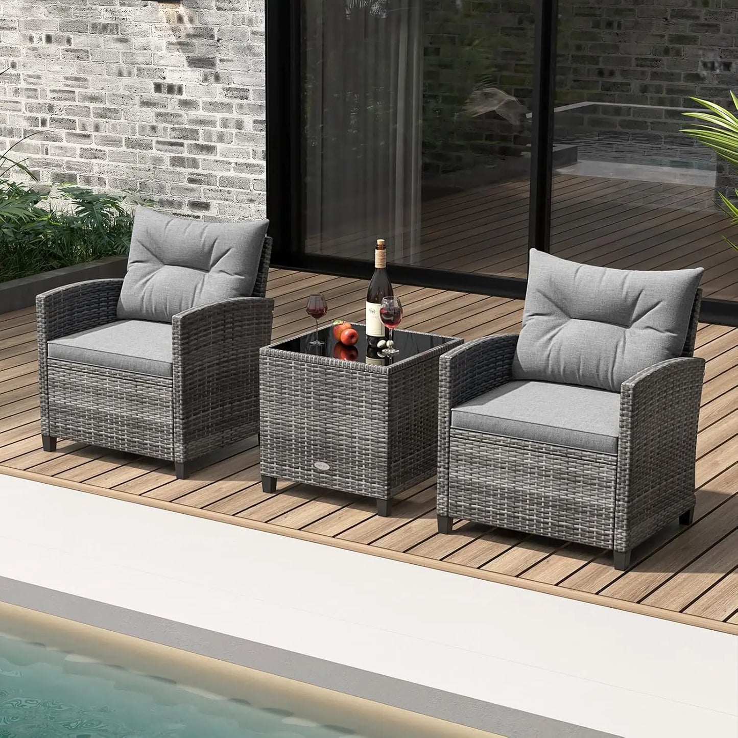 3 Piece Patio Furniture Set, Outdoor PE Rattan Conversation Set with Washable Cushions & Tempered Glass Tabletop,, Customized