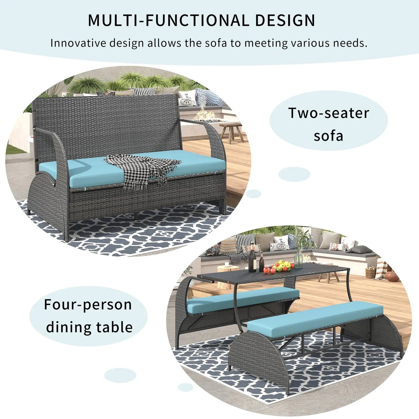 Outdoor Rattan Loveseat Convertible Picnic Upholstered Bench Table For Patio Garden Lawn Convertible to 4 Seats and 1 Table