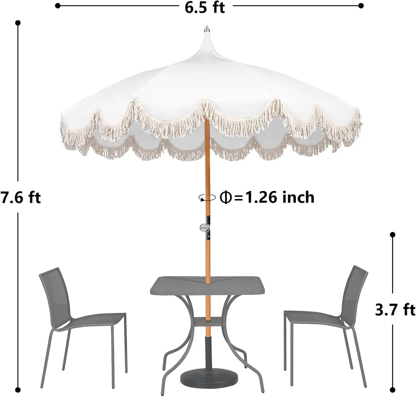6.5ft Boho Beach Umbrella with Fringe, UPF 50+ Foldable Wood Pole and Carry Bag for Outdoor Use