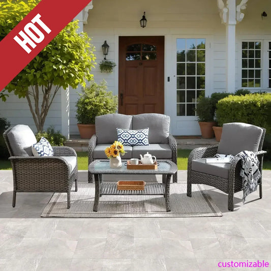 HOT-4 Pieces Patio Furniture Set, Outdoor Wicker Sofa with Coffee Table, Chairs, All Weather High Back  Couch Cushions, Dark Gre