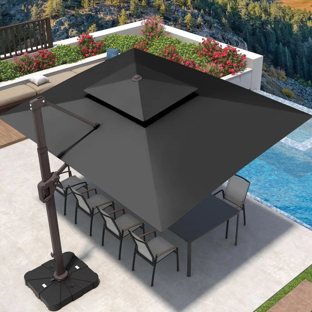 9' X 12' Patio Umbrella with LED Lights Outdoor Cantilever Large Rectangle Offset Umbrellas Heavy Duty Aluminum Double Top with