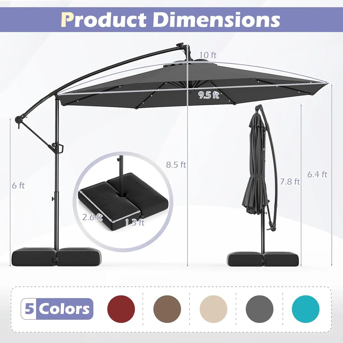 10ft Solar Patio Umbrella with Base Included, Offset Cantilever Outdoor Umbrella with 32 LED Lights, Infinite Tilt,, Customized