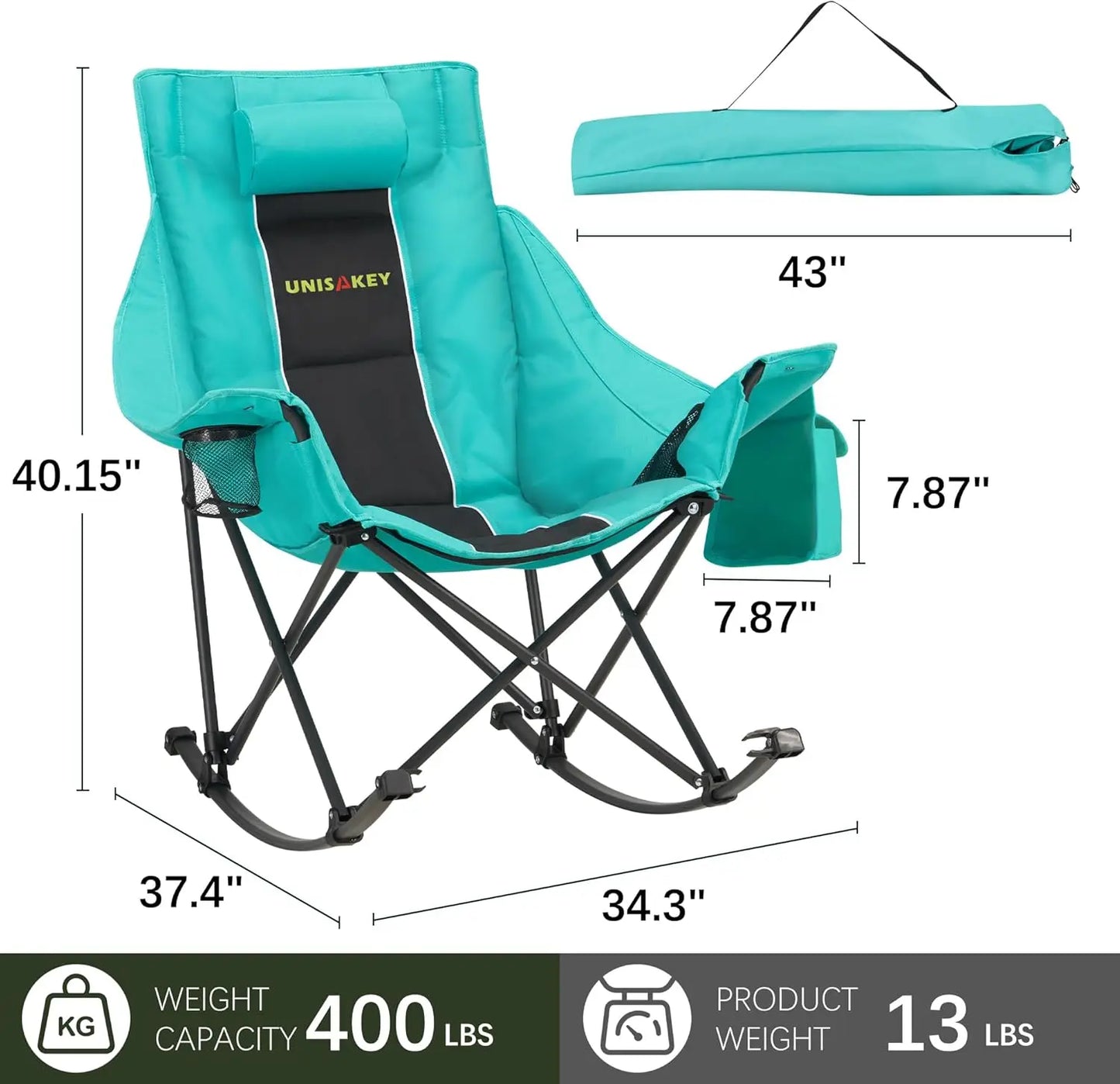 Portable Rocking Camping Chair with Headrest & Cup Holder - 400lbs Capacity, Easy Fold Outdoor Rocker for Camping Beach
