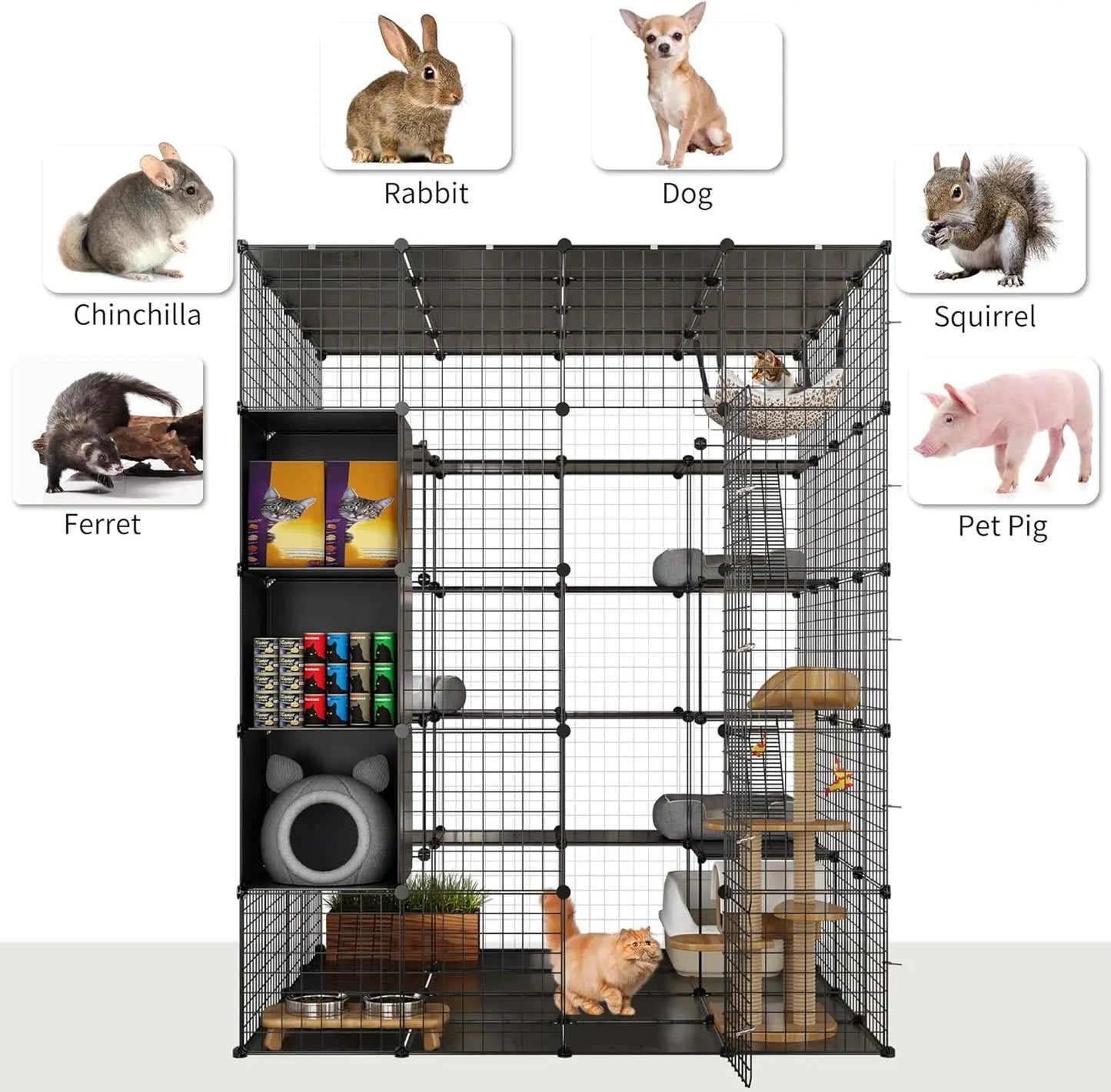 Large Indoor Cat Cage with Hammock and Storage, DIY Outdoor Enclosure for Multiple Cats, 5-Tier Metal Playpen