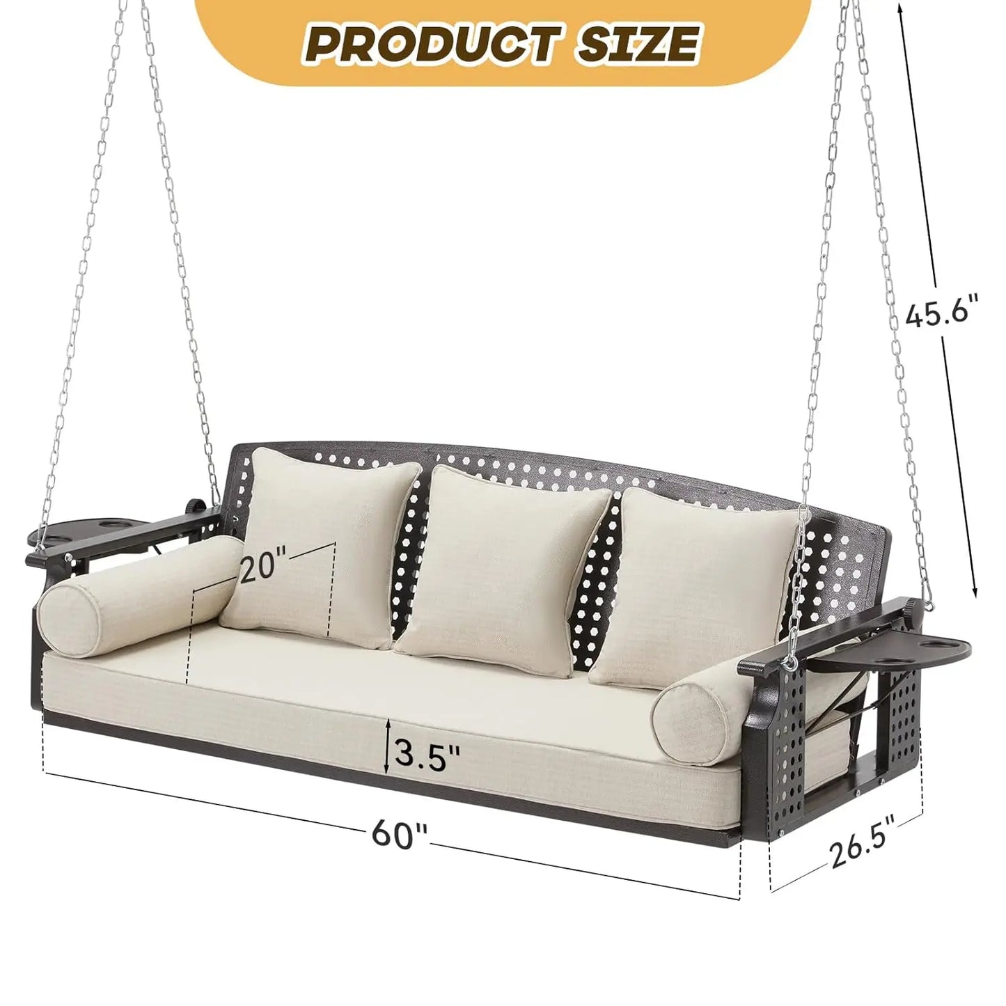 3 Seat Porch Swing, Patio Swing Bench with Cup Holders & 3 Back Cushions, Swing Chair with Chains for Deck Garden, Customized