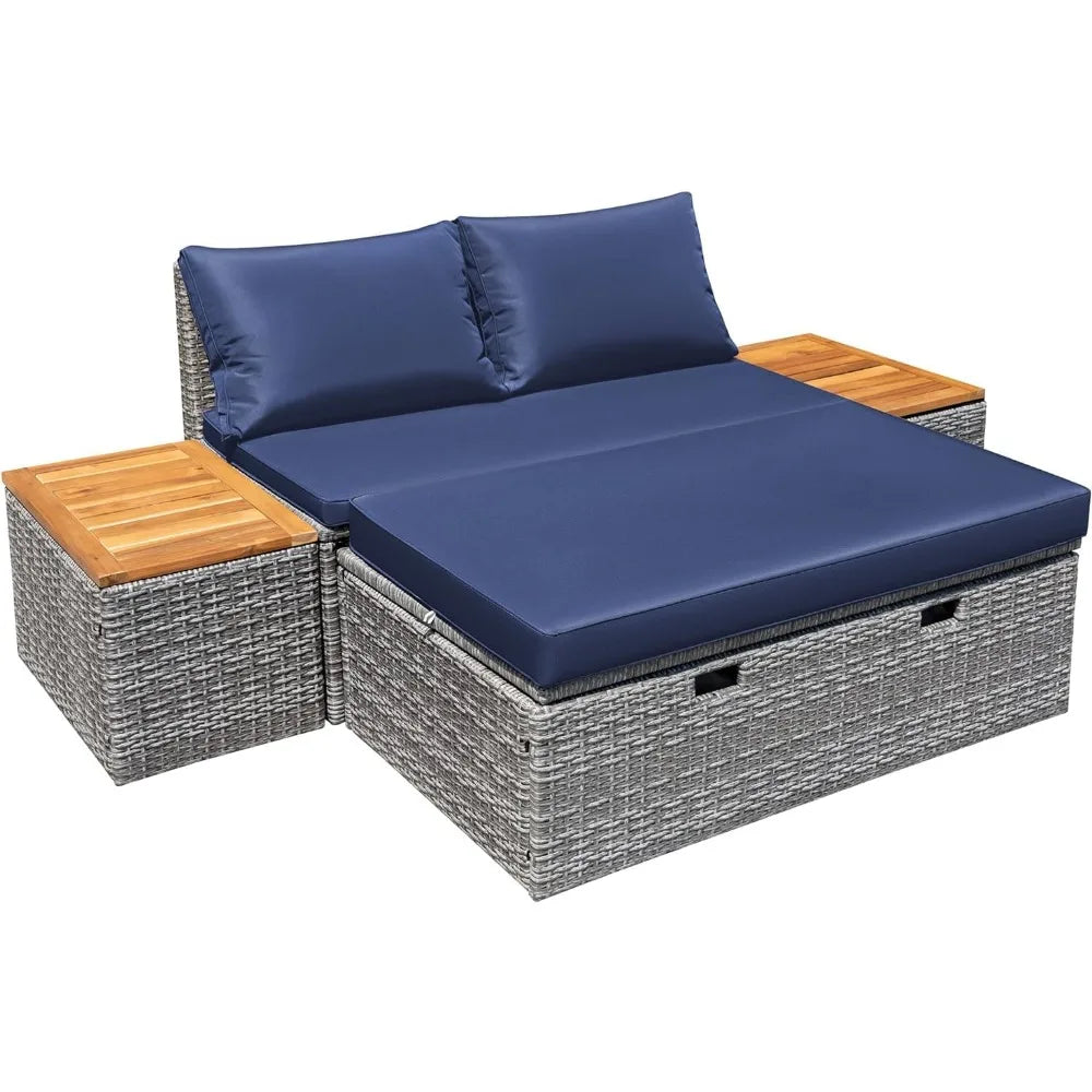 Patio Day Bed Outdoor Daybed Set Multifunctional Rattan Lounge Bed with 2 Side Tables for Backyard Porch Poolside Lawn Beach (N