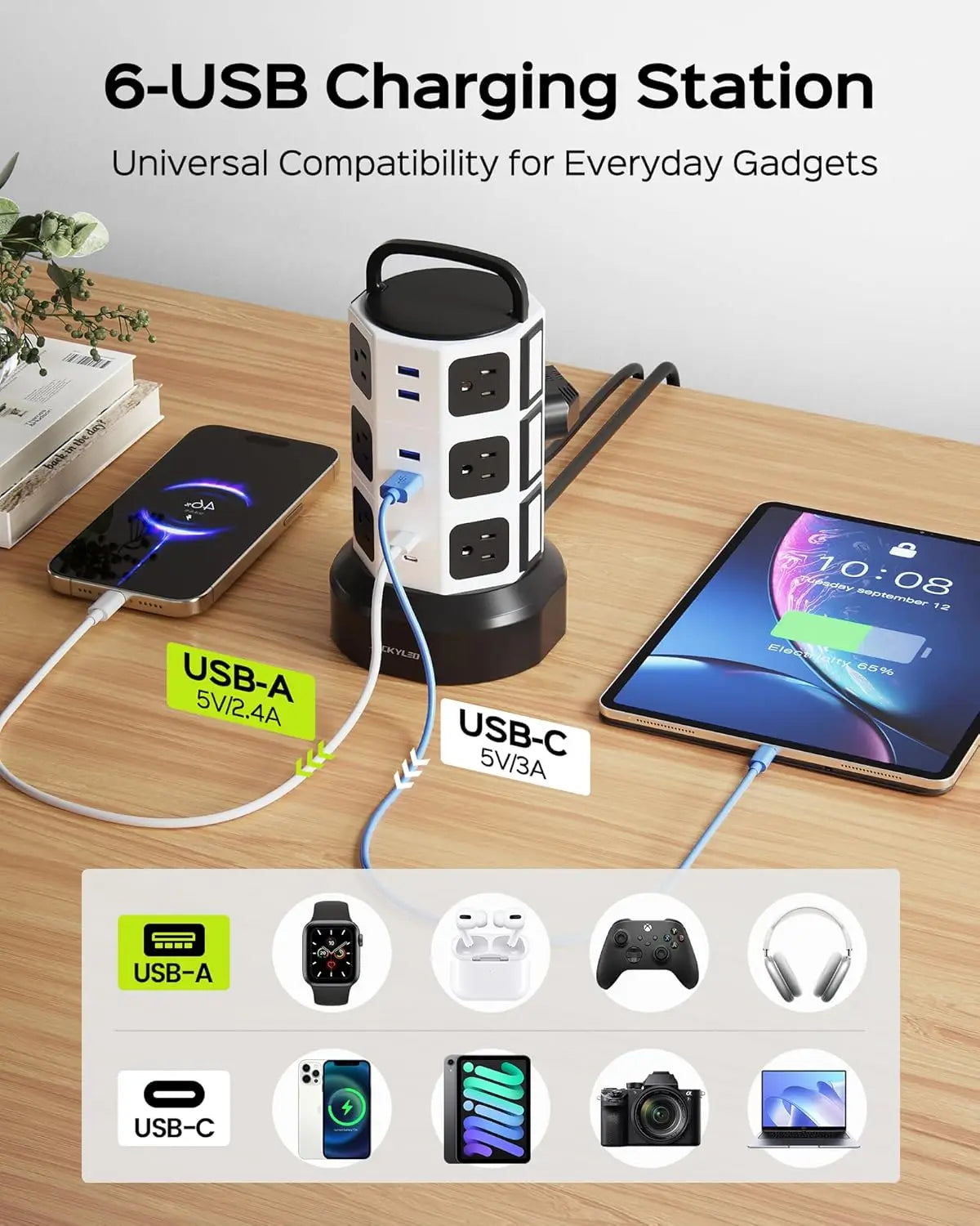 10ft Retractable Power Strip Tower with 13A 12 Outlets & 6 USB Ports Surge Protector for Home Office