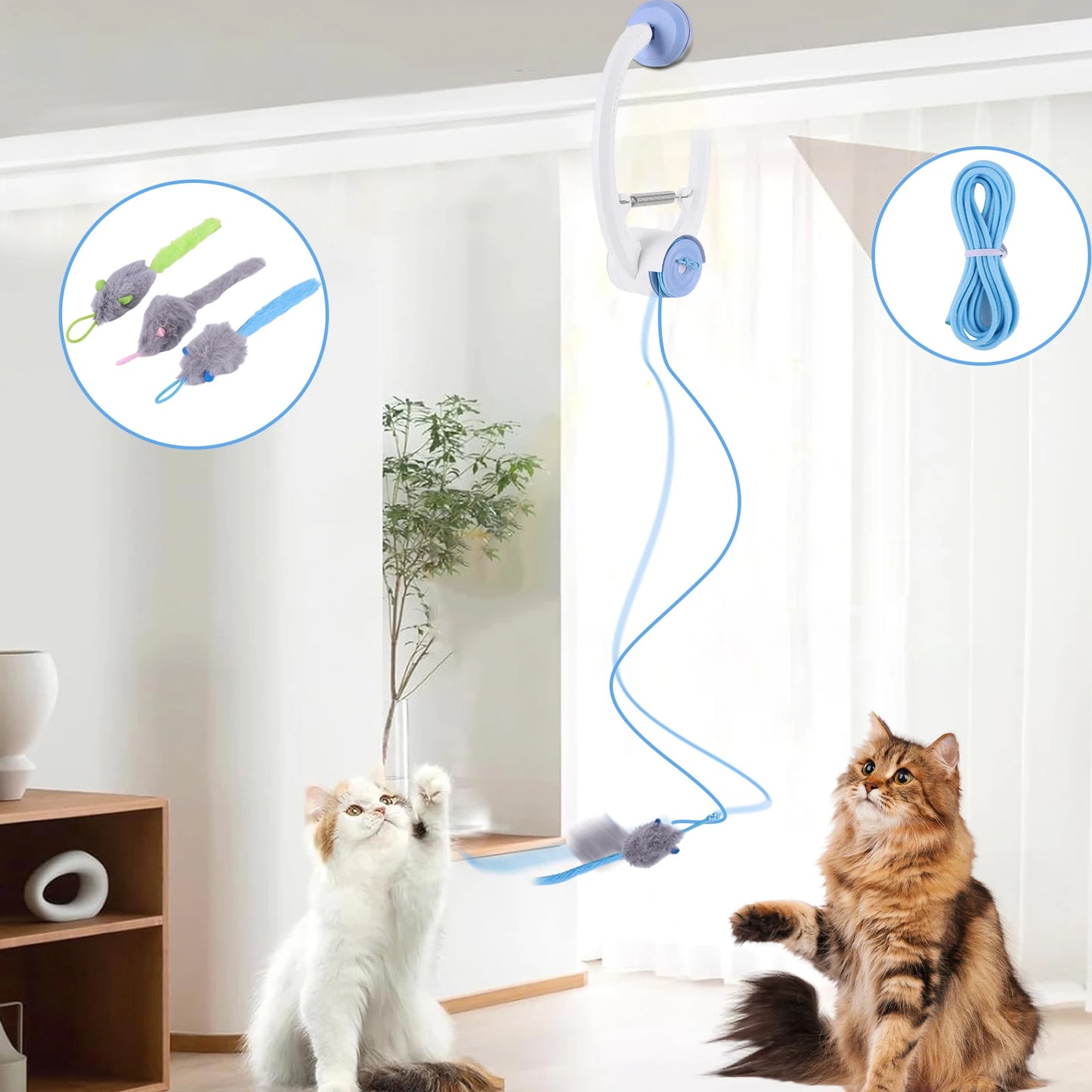 Independent Play Hanging Door Cat Toys with 3 Catnip Mice Interactive Cat Teaser Retractable Toys for Indoor Cats