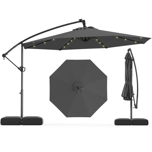 10ft Solar Patio Umbrella with Base Included, Offset Cantilever Outdoor Umbrella with 32 LED Lights, Infinite Tilt,, Customized