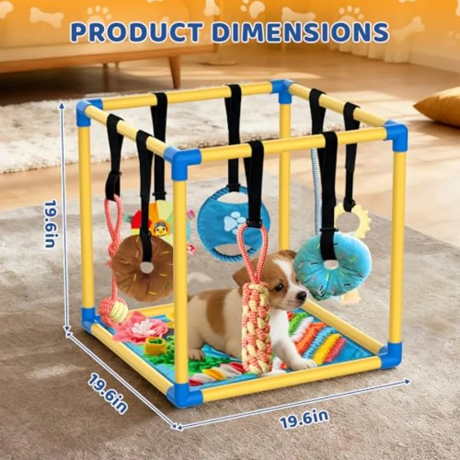 Puppy Play Gym with Snuffle Mat and 8 Hanging Toys Indoor Play Gym Interactive Dog Toys for Boredom Enrichment Activity for Sma