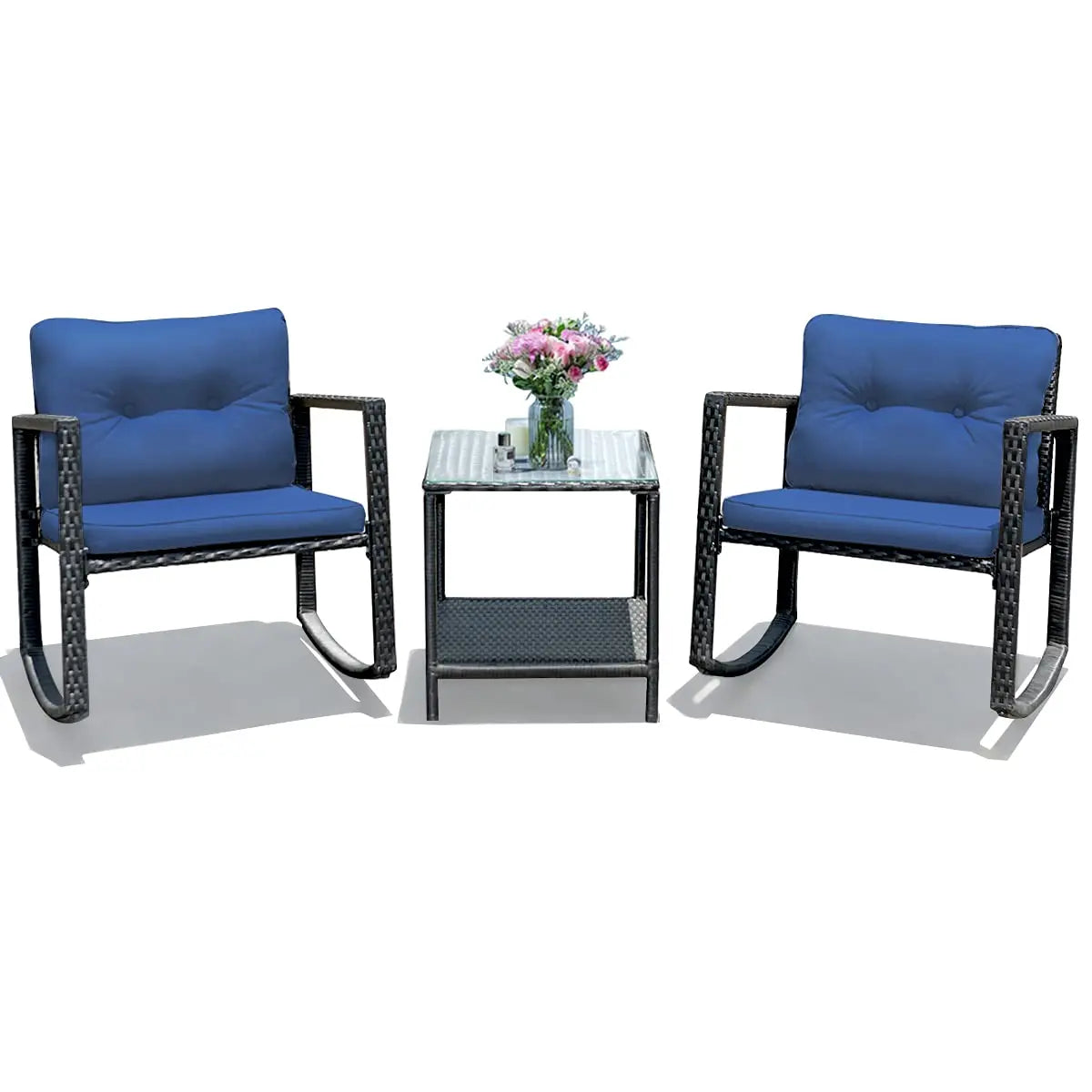 3 Pieces Patio Wicker Rocking Set, Outdoor Rocking Chairs and Table Set with Cushions, Glass Coffee Table with, Customized