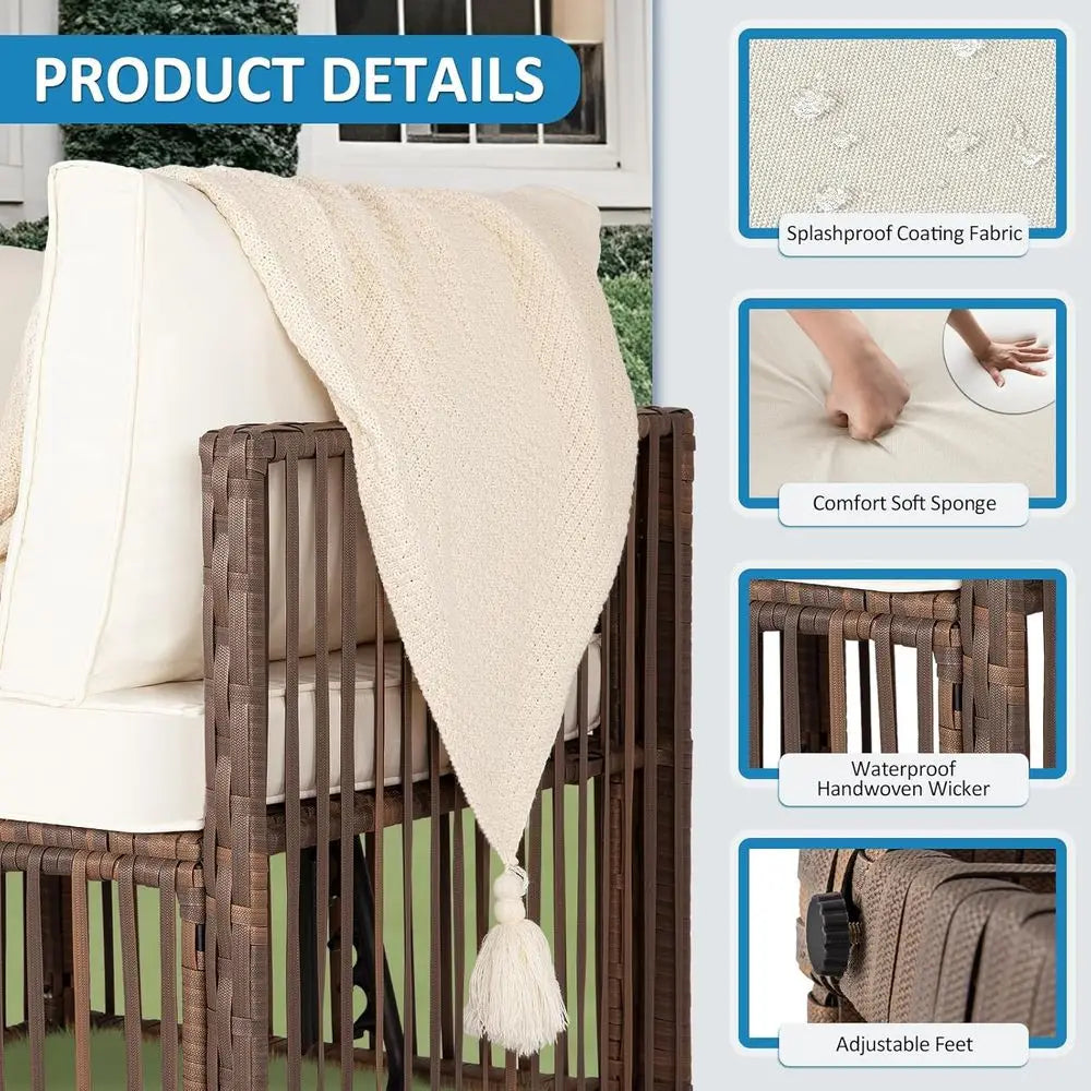 7-Piece Wicker Outdoor Patio Sectional Sofa Set with Cushions for Garden, Porch, Poolside - Brown/Beige