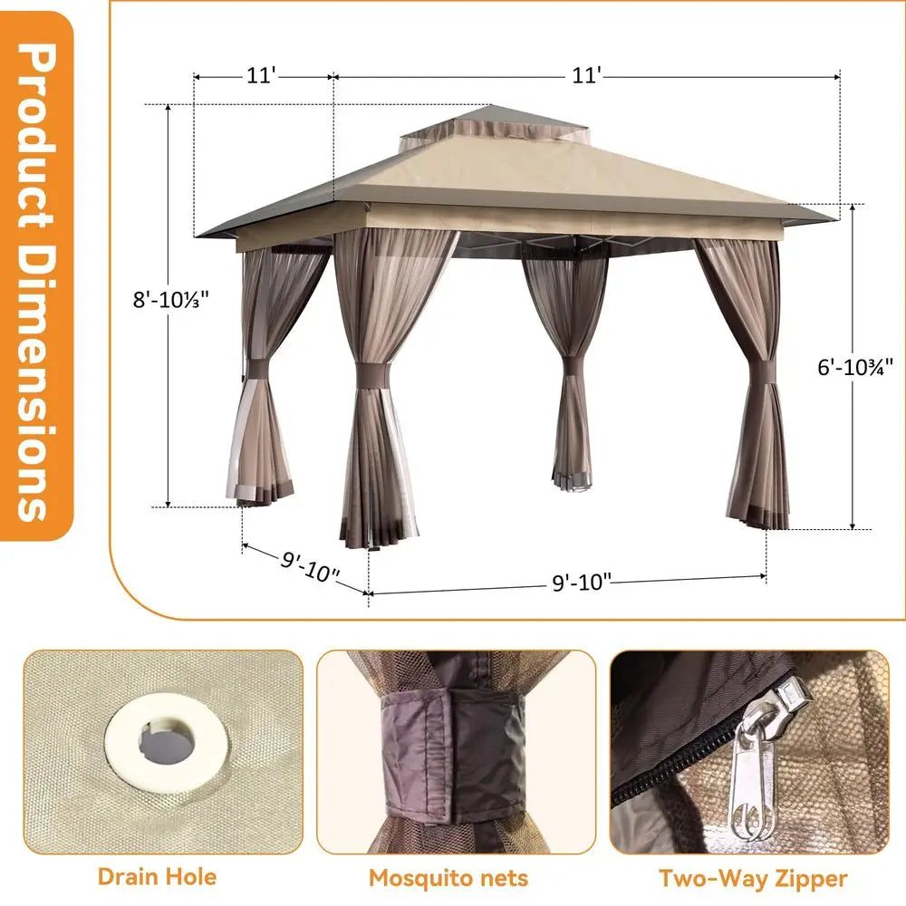 Pop Up Gazebo 11x11 Canopy Tent, Outdoor Gazebo with Double Ventilated Roof, Waterproof UV Protection Pop Up Canopy with Mosqui