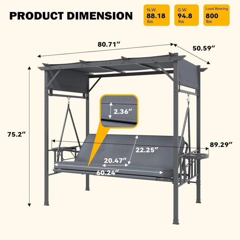 2026 New：2-in-1 Convertible Porch Swing Bed 3, Outdoor Patio Metal Pergola Swing with Hanging Cloud Hammock C