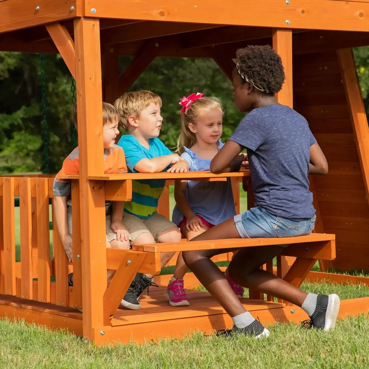II Cedar Wood Swing Set with Wave Slide, Raised Clubhouse, Crow's Nest, Monkey Bars, Balcony, Belt Swings, Trapeze, Rock