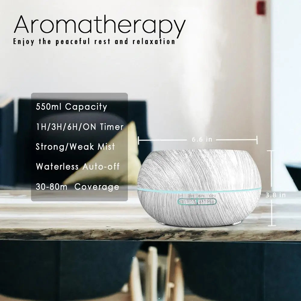 550ml Wood Grain Essential Oil Diffuser & Humidifier, Remote Control, 7 LED Mood Lights, Aromatherapy for Home Wellness