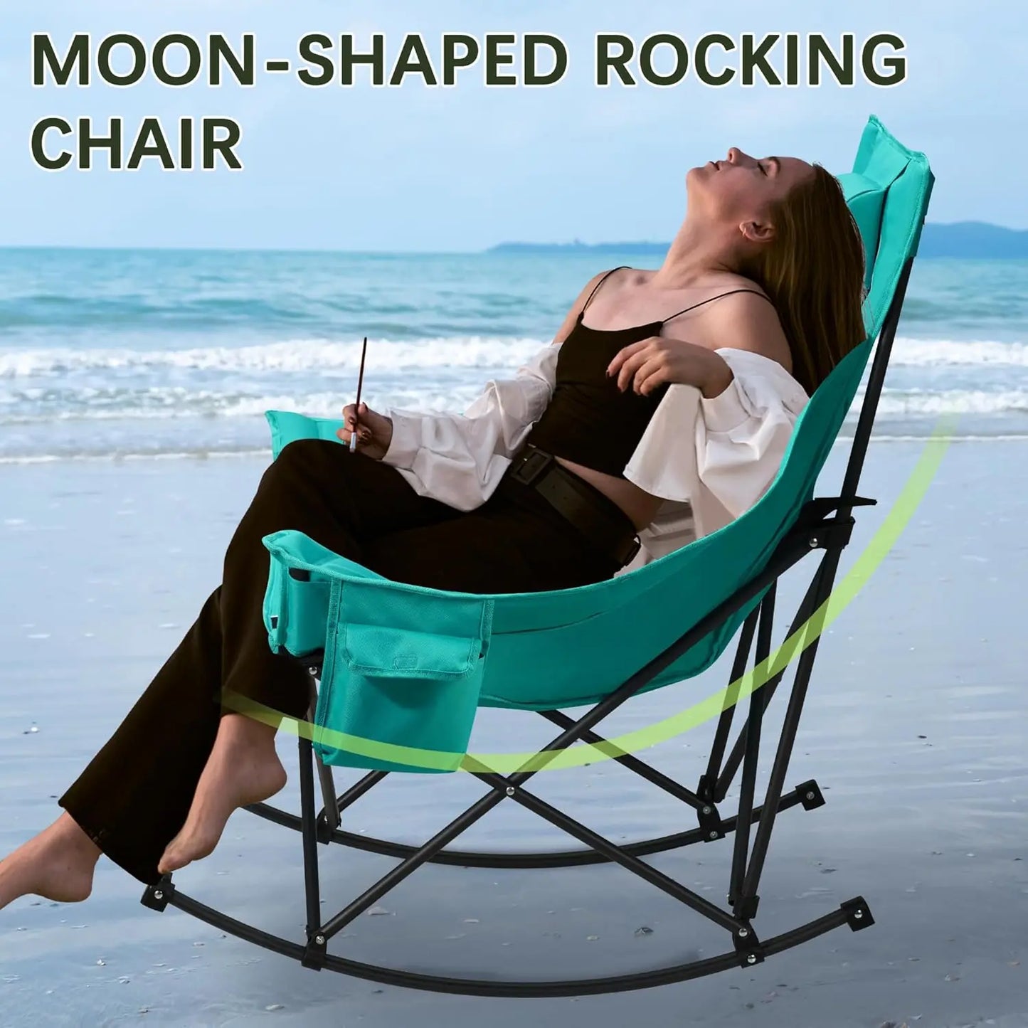 Portable Rocking Camping Chair with Headrest & Cup Holder - 400lbs Capacity, Easy Fold Outdoor Rocker for Camping Beach