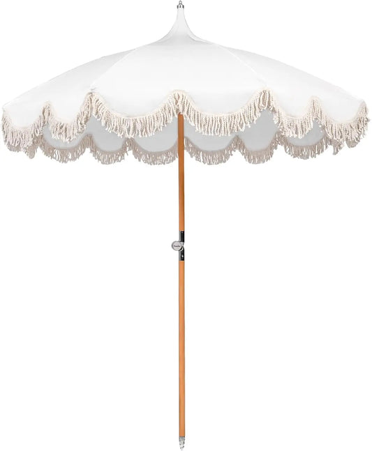 6.5ft Boho Beach Umbrella with Fringe, UPF 50+ Foldable Wood Pole and Carry Bag for Outdoor Use