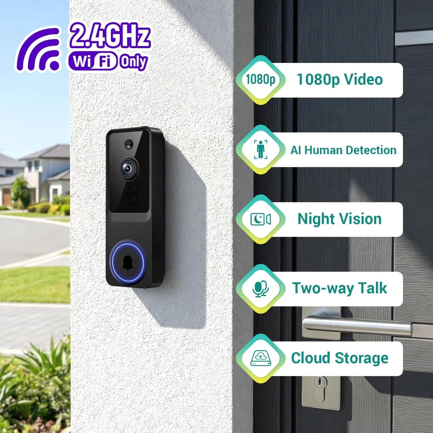 1080P Smart Wireless Doorbell Camera with AI Motion Detection, Night Vision, Two-Way Talk, Cloud Storage, Indoor/Outdoor Use