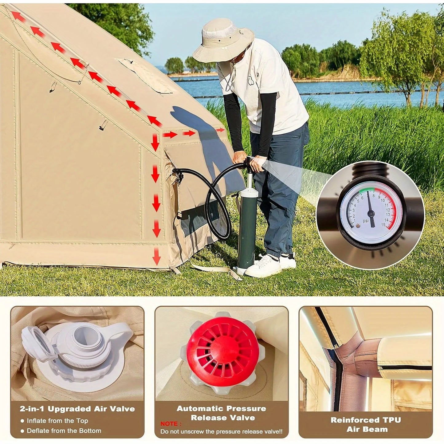 Inflatable tent camping, hand pump inflatable tent, tent with stove hole, Oxford fabric camping tent suitable for 1-6 people to