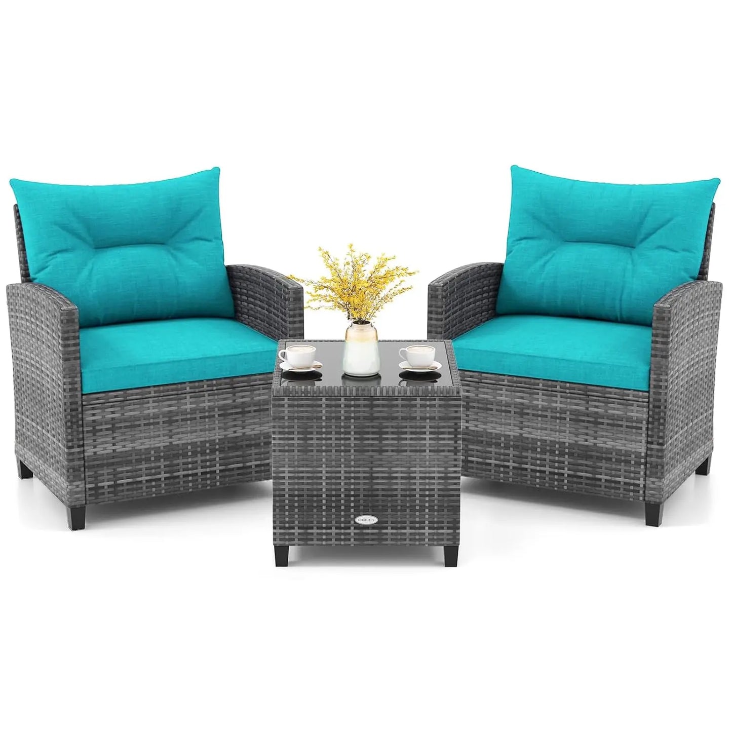3 Piece Patio Furniture Set, Outdoor PE Rattan Conversation Set with Washable Cushions & Tempered Glass Tabletop,, Customized