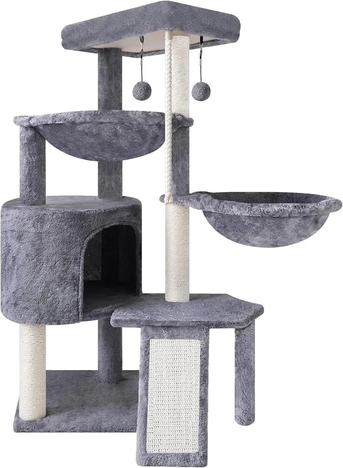 Three-Tier Cat Tree with Condo and Hammocks, Gray - Durable Faux Fur & Sisal Posts for Play and Rest