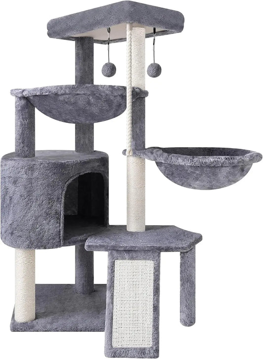 Three-Tier Cat Tree with Condo and Hammocks, Gray - Durable Faux Fur & Sisal Posts for Play and Rest