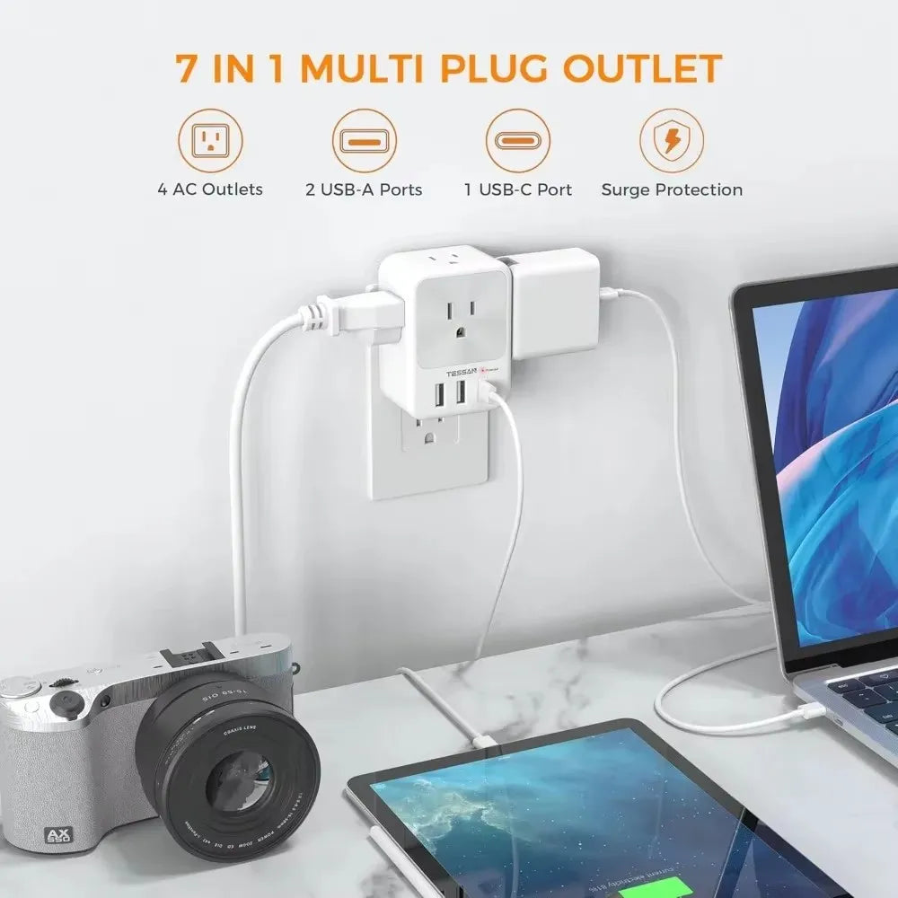 TESSAN US Plug Power Strip with 4AC Outlet and 3USB Charging Port Multi-Contacts Electrical Socket with Surge Protector for Home