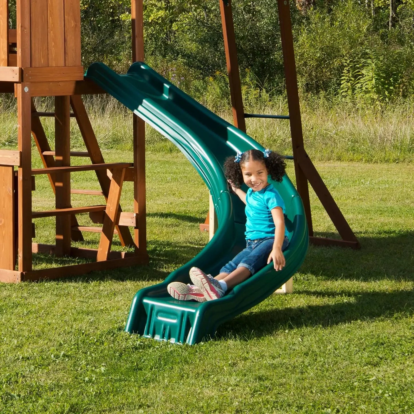 Swing Set Play Set with Two Swings, Slide, Monkey Bars, Picnic Table & Glider, Green