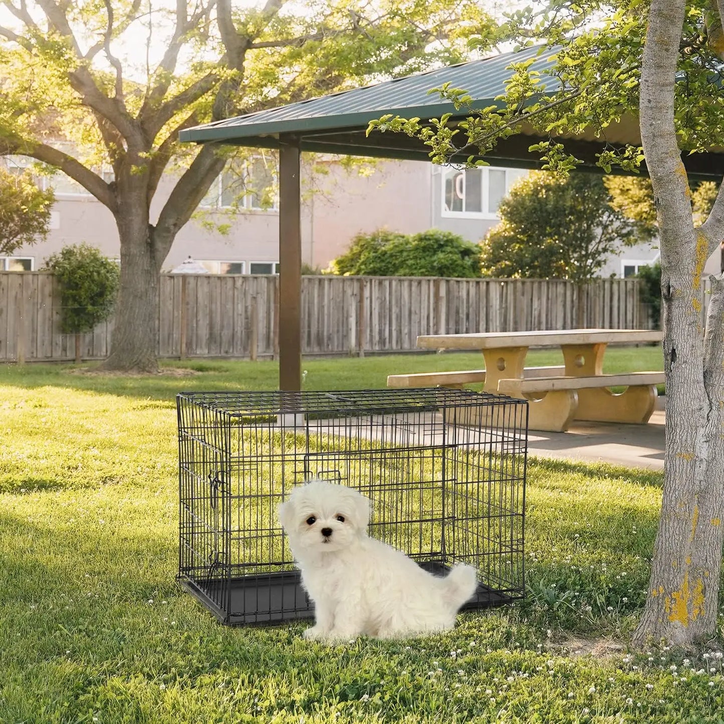 24 Inch Folding Metal Dog Crate for Small Pets, Double Door Indoor Outdoor Kennel with Leak-Proof Tray