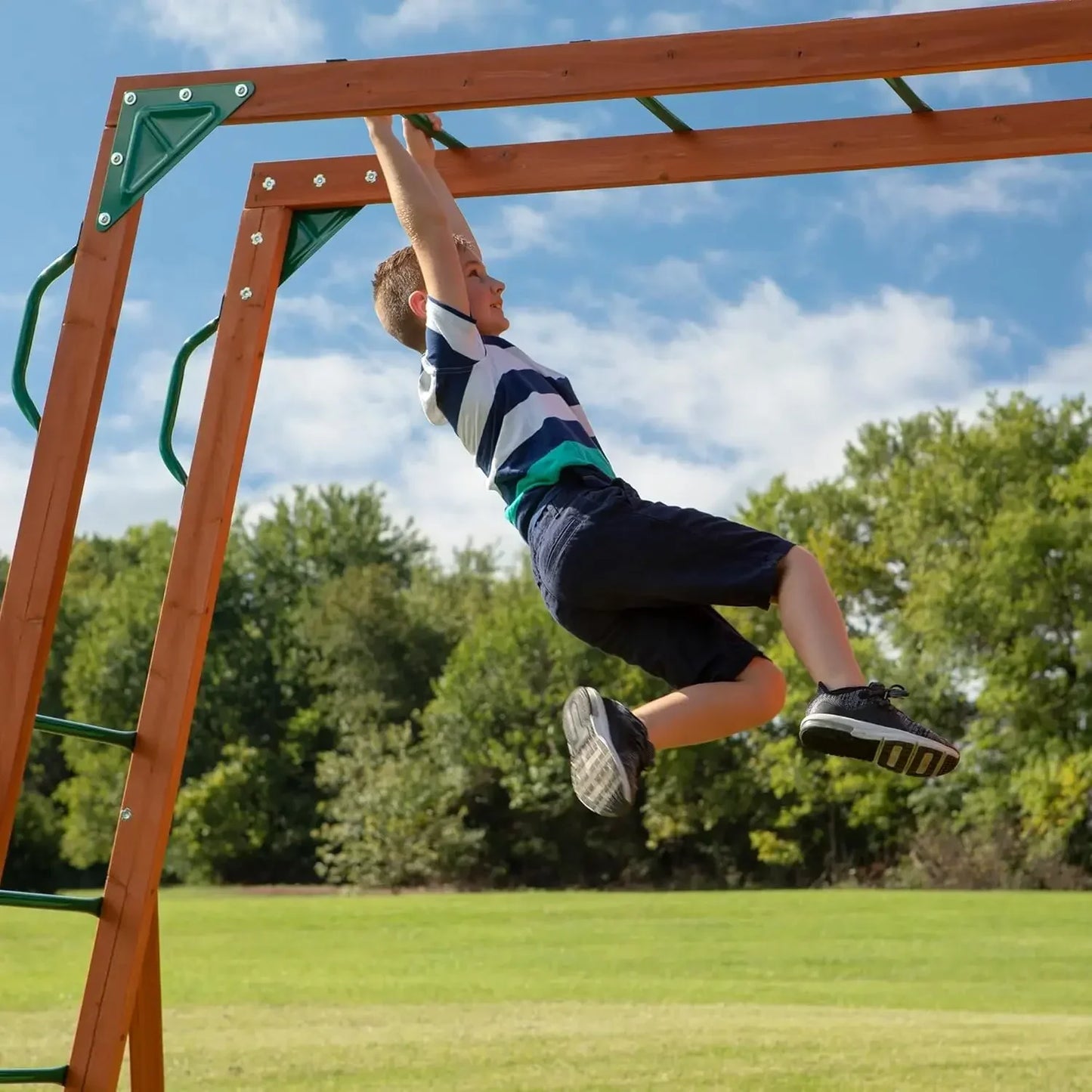 II Cedar Wood Swing Set with Wave Slide, Raised Clubhouse, Crow's Nest, Monkey Bars, Balcony, Belt Swings, Trapeze, Rock