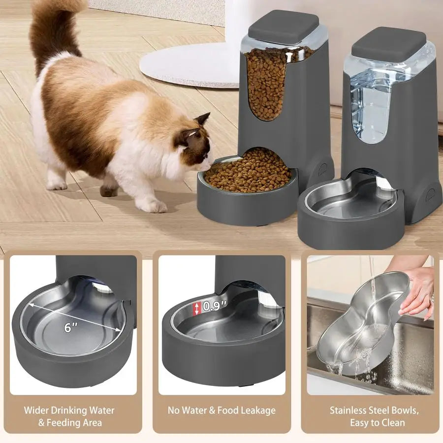 2 Pack Automatic Cat Feeder and Stainless Steel Water Dispenser, Gravity Dog Waterer Set Food Feeder and Waterer Set for Small