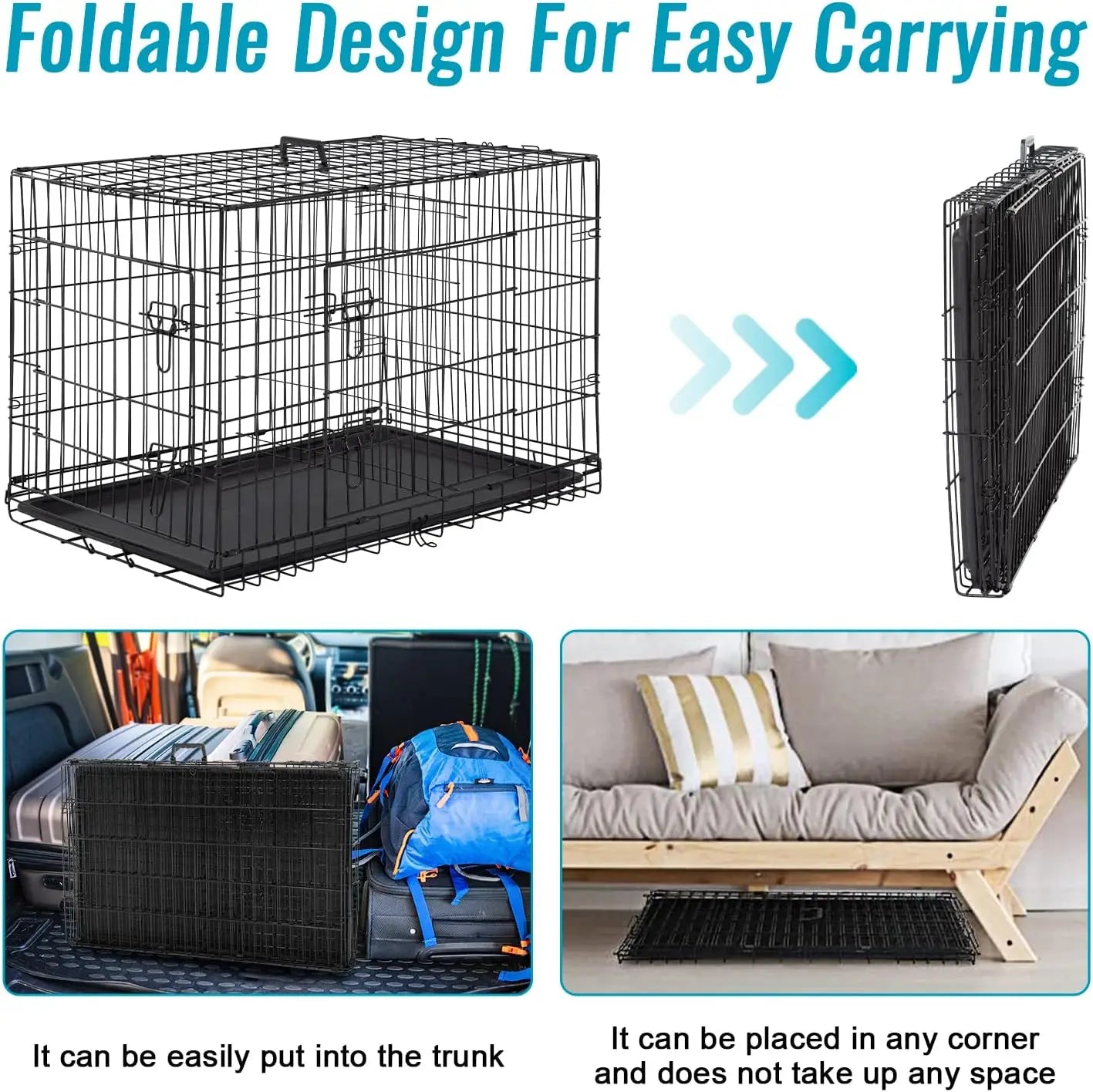 24 Inch Folding Metal Dog Crate for Small Pets, Double Door Indoor Outdoor Kennel with Leak-Proof Tray
