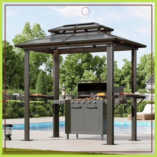 8'x5' Hardtop Grill Gazebo with Double Polycarbonate Roof, Aluminum Frame & Shelves for Outdoor BBQ