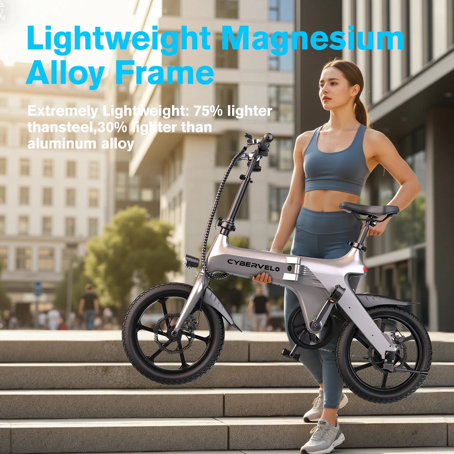 Cybervelo 500W Peak Motor, Foldable Ultra light weight City Commuter, Adult Travel Electric Bike, 20MPH Long Range Pas Bike EK13